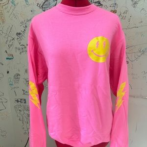 Imperfect Hot pink smiley face lightning bolt crewneck